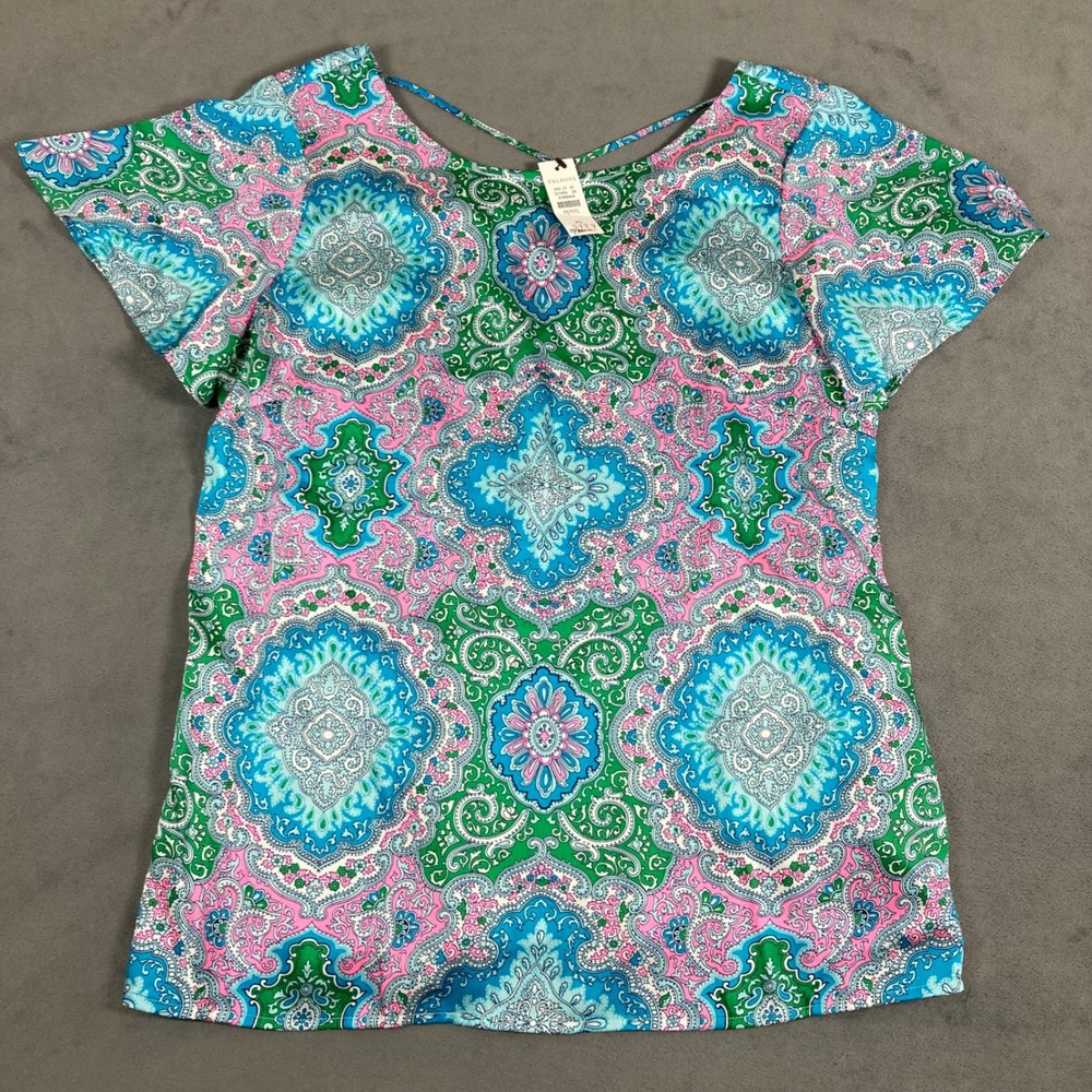Talbots Petite Small Pink Blue Green Paisley Medallion V-Neck Flutter Sleeve Top